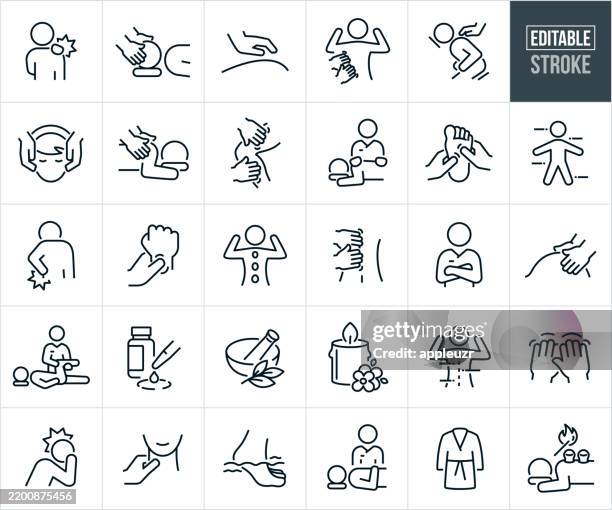 illustrations, cliparts, dessins animés et icônes de icônes de ligne mince de massothérapie - trait modifiable - les icônes incluent - les icônes incluent une personne en douleur, massage du visage, massothérapeute, masseuse, soulagement de la douleur, gestion de la douleur, spa, relaxation - jambe