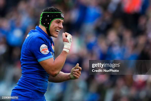 Juan Ignacio Brex of Italy celebrates scoring second try during the Guinness Men's Six Nations Rugby match between Italy and France at Stadio...