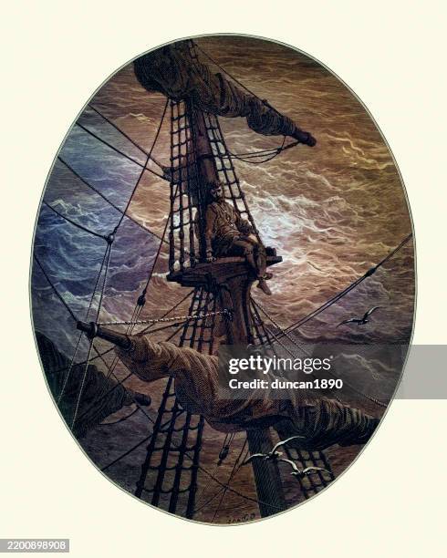 illustrazioni stock, clip art, cartoni animati e icone di tendenza di marinaio solo seduto nel sartiame di un veliero, rime of the ancient mariner, illustrato da gustave dore - albero maestro