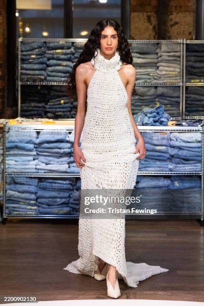 Model poses at the E.L.V. Denim Presentation during London Fashion Week February 2025 on February 20, 2025 in London, England.