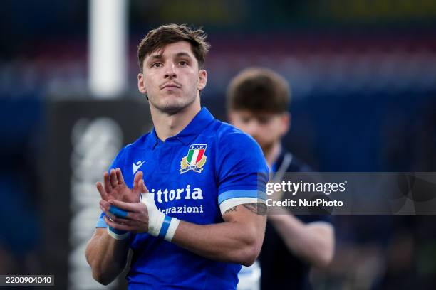 Martin Page-Relo of Italy greets his supporters during the Guinness Men's Six Nations Rugby match between Italy and France at Stadio Olimpico on...