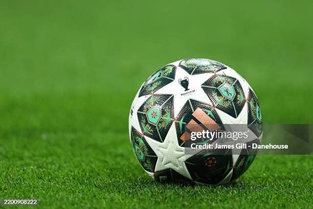 The official Adidas UEFA Champions League 2024/25 final match ball during the UEFA Champions League 2024/25 League Knockout Play-off second leg match...
