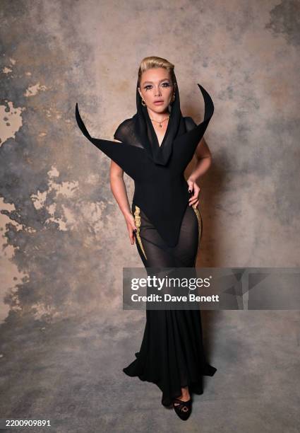 Florence Pugh backstage at the Harris Reed AW25 Show during London Fashion Week on February 20, 2025 in London, England.