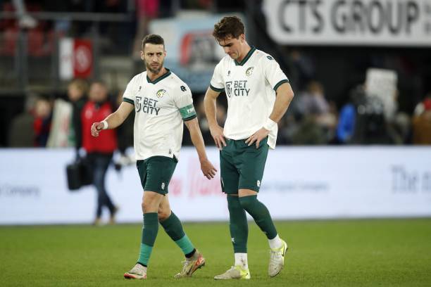 Ivo Pinto of Fortuna Sittard, Rodrigo Guth of Fortuna Sittard balks during the Dutch Eredivisie match between AZ Alkmaar and Fortuna Sittard at the...