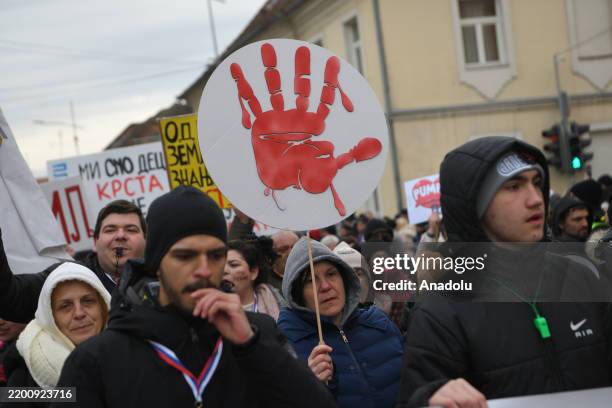 Students and citizens gather to protest government over the train station incident that killed 15 people in Novi sad on November 2024, in Vrsac,...