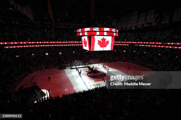 General view of the atmosphere during the Canadian national anthem prior to the NHL 4 Nations Face-Off Championship Game between Team Canada and Team...