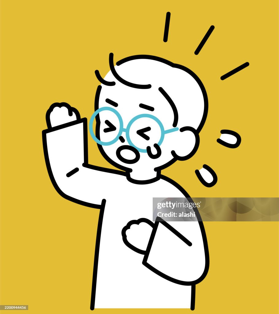 A cute boy with short hair and eyeglasses, upset, crying—Three-quarter front view, black outline with flat colors, minimalist style