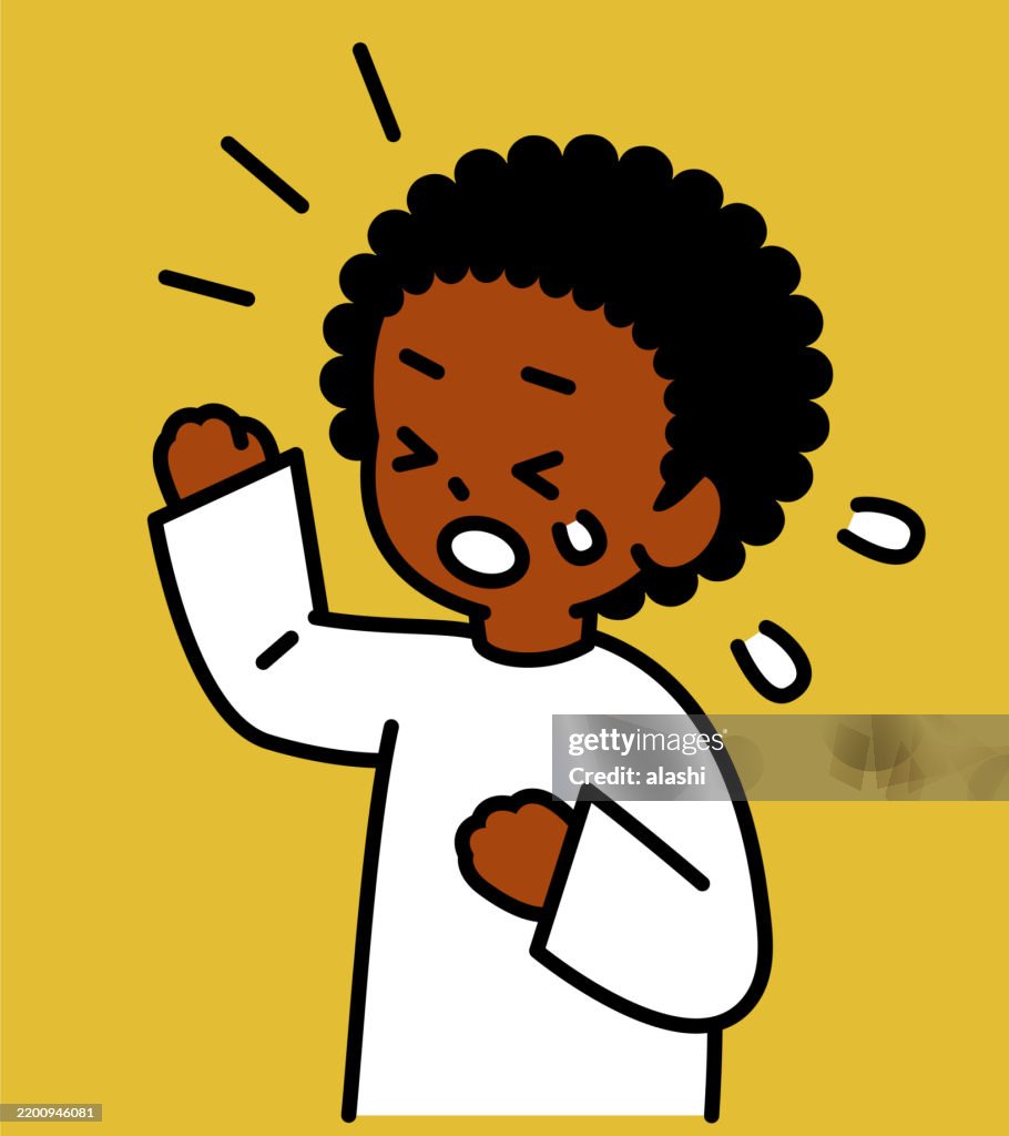 A cute black boy with an afro hairstyle, upset, crying—Three-quarter front view, black outline with flat colors, minimalist style