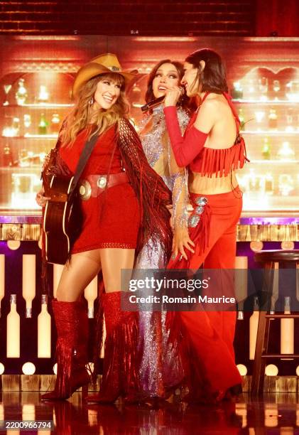 Hanna Nicole, Thalía and Ashley Grace from HaAsh perform onstage during Univision's 37th Premio Lo Nuestro at Kaseya Center on February 20, 2025 in...