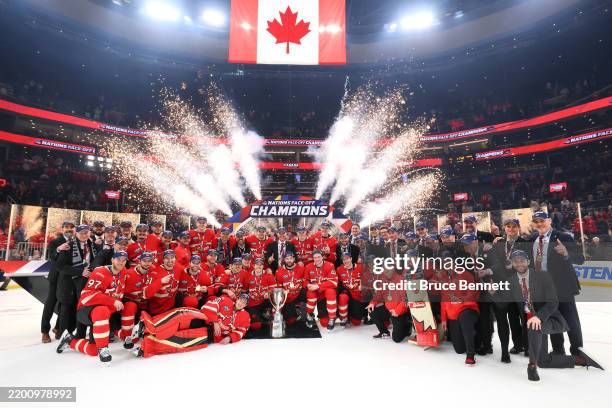 Team Canada celebrates after defeating Team United States in overtime to win the NHL 4 Nations Face-Off Championship Game at TD Garden on February...