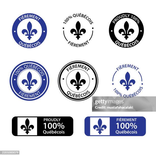 proudly quebecois badges in english and french - quebec city stock illustrations