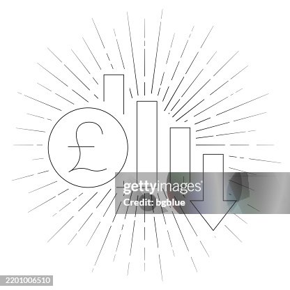 Pound rate decrease. Line icon with sunbursts on white background Pound rate decrease. Line icon with sunbursts on white background