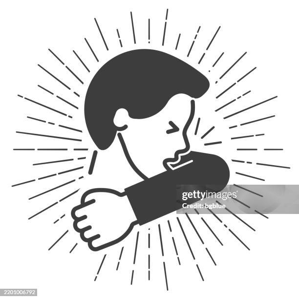 cough or sneeze into elbow. icon with sunbursts on white background - cough or sneeze into elbow stock illustrations