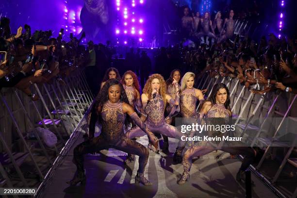 Shakira performs during Shakira: Las Mujeres Ya No Lloran World Tour at Roberto Melendez Metropolitan Stadium on February 20, 2025 in Barranquilla,...