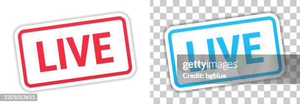 live - red and blue labels on blank background - live streaming vector logo stock illustrations