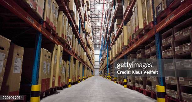 shelves of abundant cardboard boxes - entrepôt de distribution photos et images de collection