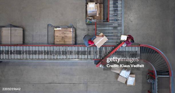 manager taking inventory near conveyor belt - logistique photos et images de collection