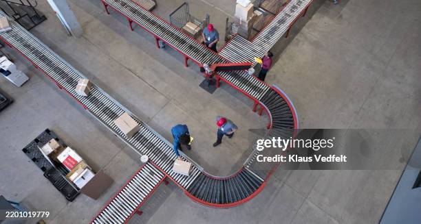 male and female worker working at conveyor belt - logistique photos et images de collection