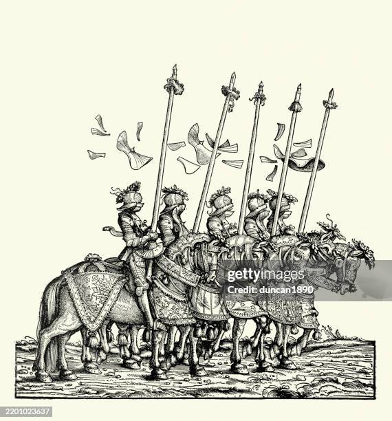 renaissance art, tournament knights in armour, carrying lances, mounted on armoured horses, the triumph of maximilian i holy roman emperor, 16th century, german woodcut - caparison stock illustrations
