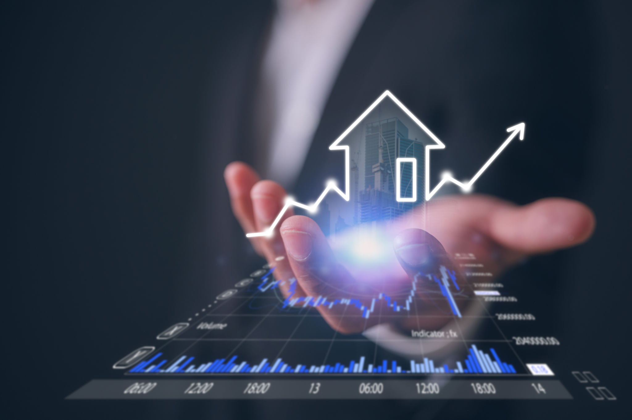 real estate investment concept man hand holding virtual real estate growth graph property value new home for the family, home search, land price, property tax real estate investment concept man hand holding virtual real estate growth graph property value new home for the family, home search, land price, property tax