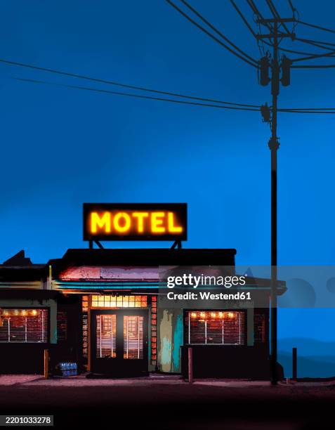 stockillustraties, clipart, cartoons en iconen met illustration of motel at night - motel
