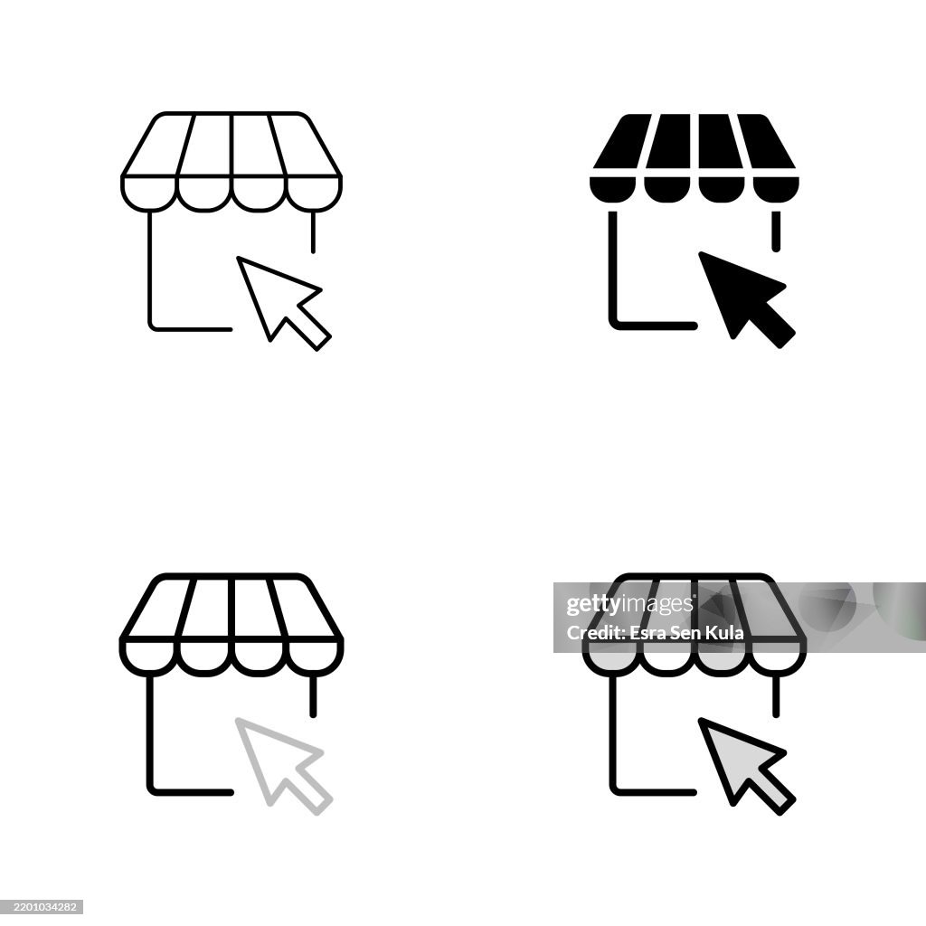 Diseño de icono de tienda en línea en cuatro estilos con trazo editable. Línea, línea continua, línea plana y línea duotono. Adecuado para diseño de páginas web, aplicaciones móviles, interfaz de usuario, UX y GUI.
