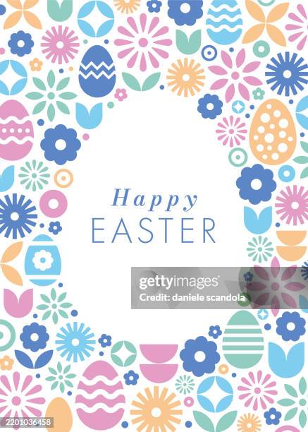 happy easter greeting card with flowers and eggs frame. - astratto stock illustrations
