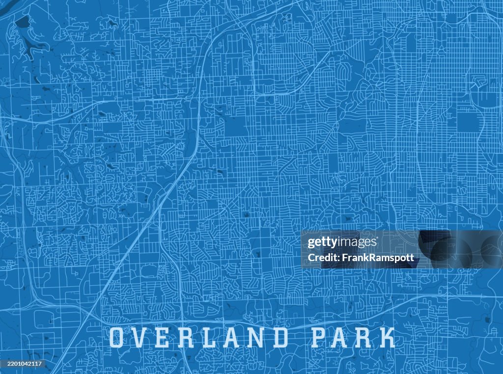 Overland Park KS City Vector Road Map Blue Horizontal