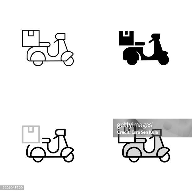 food delivery moto scooter icon design in four styles with editable stroke. line, solid, flat line, and duotone line. suitable for web page, mobile app, ui, ux, and gui design. - delivery motorcycle stock illustrations