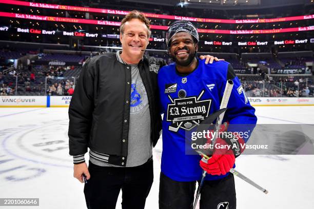 Head Coach Vince Vaughn of the Team Red and PK Subban of the Team Blue pose for a photo during the Skate for LA Strong event at Crypto.com Arena on...