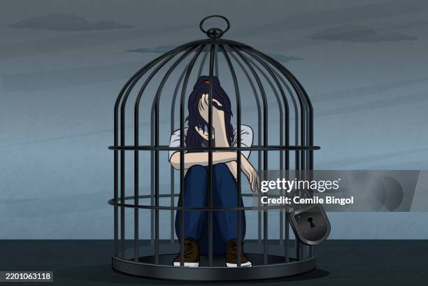 stockillustraties, clipart, cartoons en iconen met young girl in birdcage - gevangenis