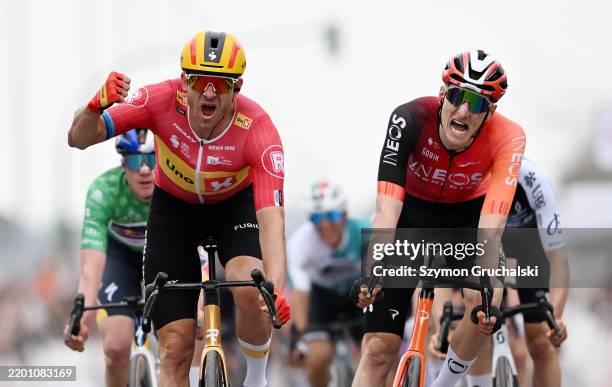 Alexander Kristoff of Norway and Team Uno-X Mobility celebrates at finish line as stage winner ahead of Ben Turner of Great Britain and Team INEOS...