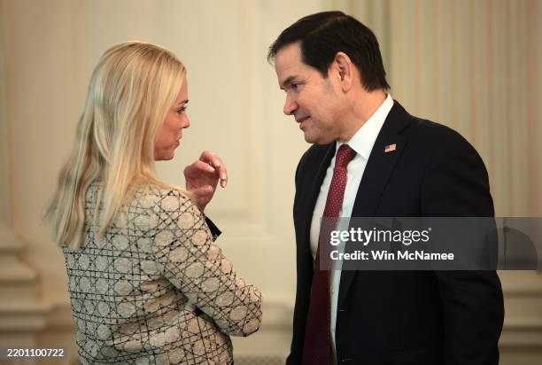 Attorney General Pam Bondi talks with Secretary of State Marco Rubio during a meeting of governors at the White House on February 21, 2025 in...