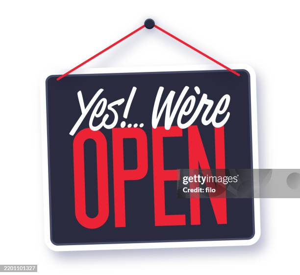 stockillustraties, clipart, cartoons en iconen met yes we're open hanging business sign - etalage
