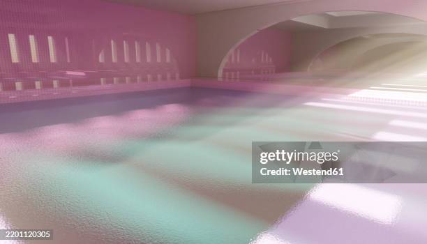 digital 3d render of an empty indoor pool with pastel lighting and reflections - indoor pool stock illustrations