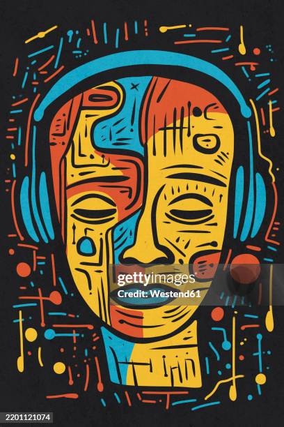 abstract portrait featuring a person wearing headphones and enjoying music, created with bold lines and vibrant colors - listening abstract stock illustrations