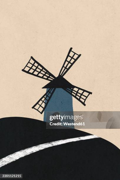 minimalist illustration of a blue windmill on a hill with a winding path - windmill illustration stock illustrations