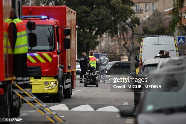 Demining robot of Marseille Naval Fire Battalion arrives in front of the Russian consulate in Marseille, after three improvised explosive devices...
