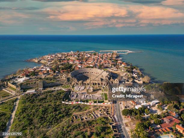 aerial view of side in antalya. - ancient greek theater stock pictures, royalty-free photos & images