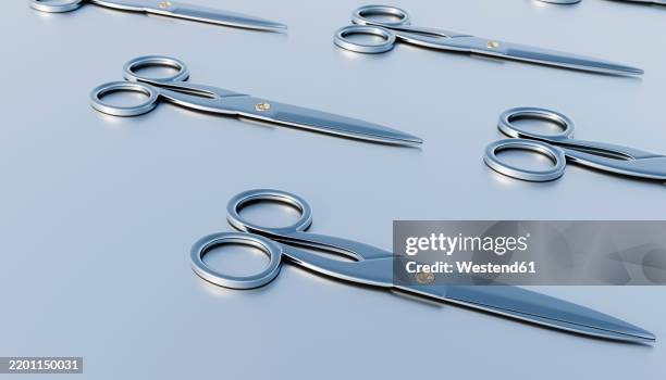 3d rendering of scissors in a pattern on a blue background - clean shiny surface stock illustrations