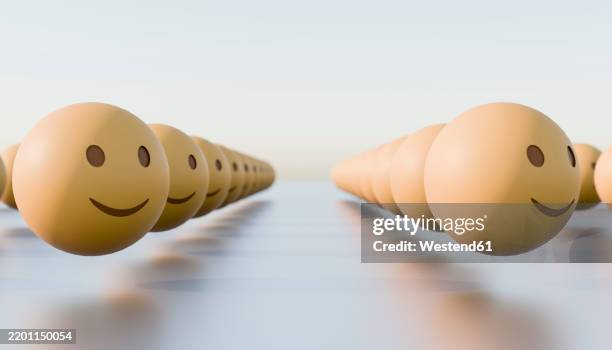 3d rendering of happy emoji patterns in rows - computer posture stock illustrations