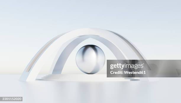 minimalistic 3d render of a metallic sphere under white arches - indoor shooting range stock illustrations