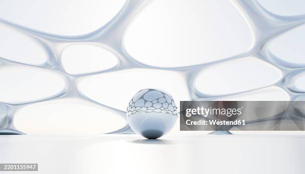 futuristic abstract architectural space with blue and white geometric structures and a reflective sphere - product range stock illustrations