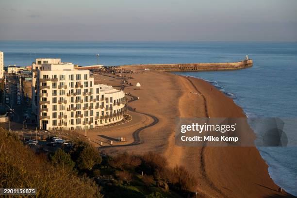 Coastal view looking out over Folkestone Beach and the English Channel on 1st February 2025 in Folkestone, United Kingdom. Folkestone is a port town...