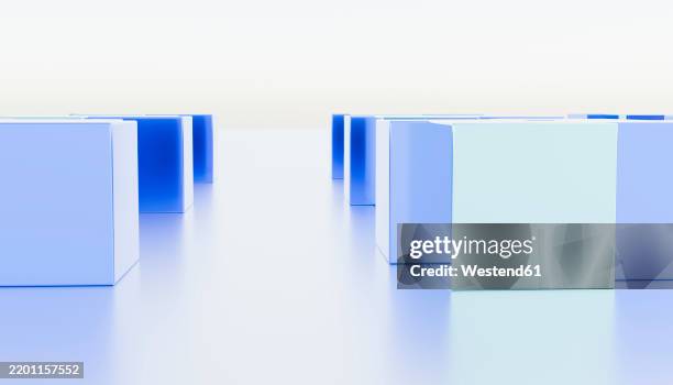 futuristic abstract 3d render of geometric blue and white cubes - white cube stock illustrations