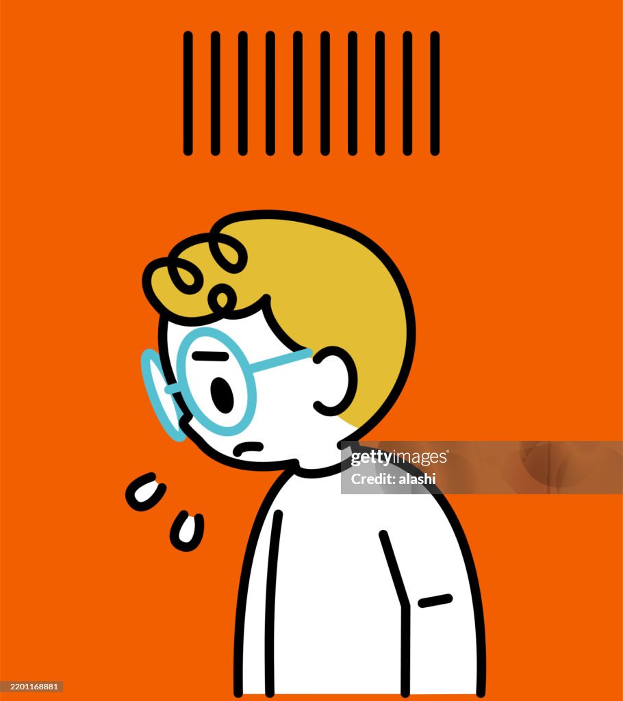 A cute boy with short curly blond hair and eyeglasses, standing, feeling left out, sad, worried, nervous, pressured, distressed, or uneasy—Three-quarter front view, black outline with flat colors, minimalist style