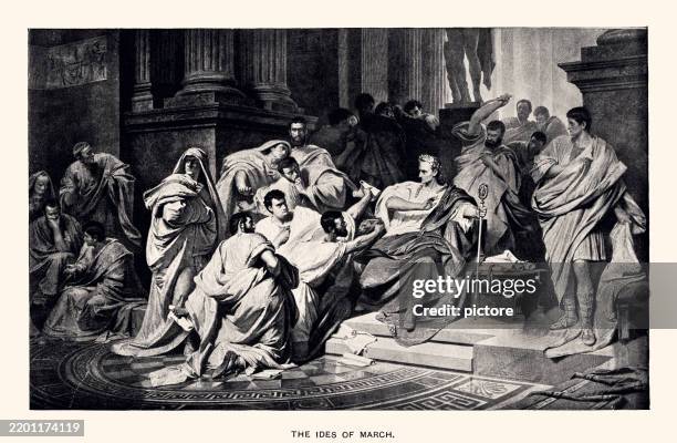 the ides of march : julius cesar ( (c.100 bc – 44 bc ) is stabbed to death in the roman senate house by 60 conspirators... xxxl - dictator stock illustrations