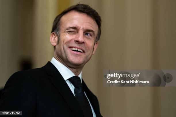 French President Emmanuel Macron arrives at the U.S. Capitol on February 24, 2025 in Washington, DC. Macron is meeting with Senators in Washington...