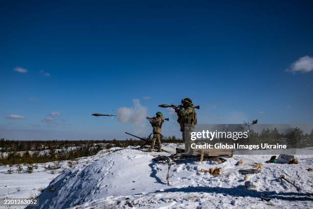 Ukrainian soldiers practice shooting the RPG-7 man-portable anti-tank rocket launchers on February 21, 2025 in Donetsk Oblast, Ukraine. RPG-7...