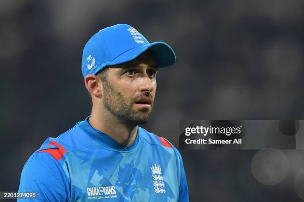 Mark Wood of England looks on during the ICC Champions Trophy 2025 match between Australia and England at Gaddafi Stadium on February 22, 2025 in...
